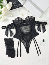 5 piezas Body teddy Set sin forro con encaje en contraste lazo con aro